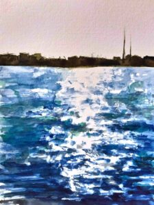 reflets de la lumière sur l'eau, montrer l'intensité et le contraste de la lumière par la composition et la couleur de l'aquarelle