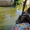 Photo d'une vue de Crécy sur un brasset du Morin avec un zoom sur quelqu'un qui dessine la vue