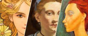 Détails de trois portraits peints par des artistes différents sous forme de tryptique